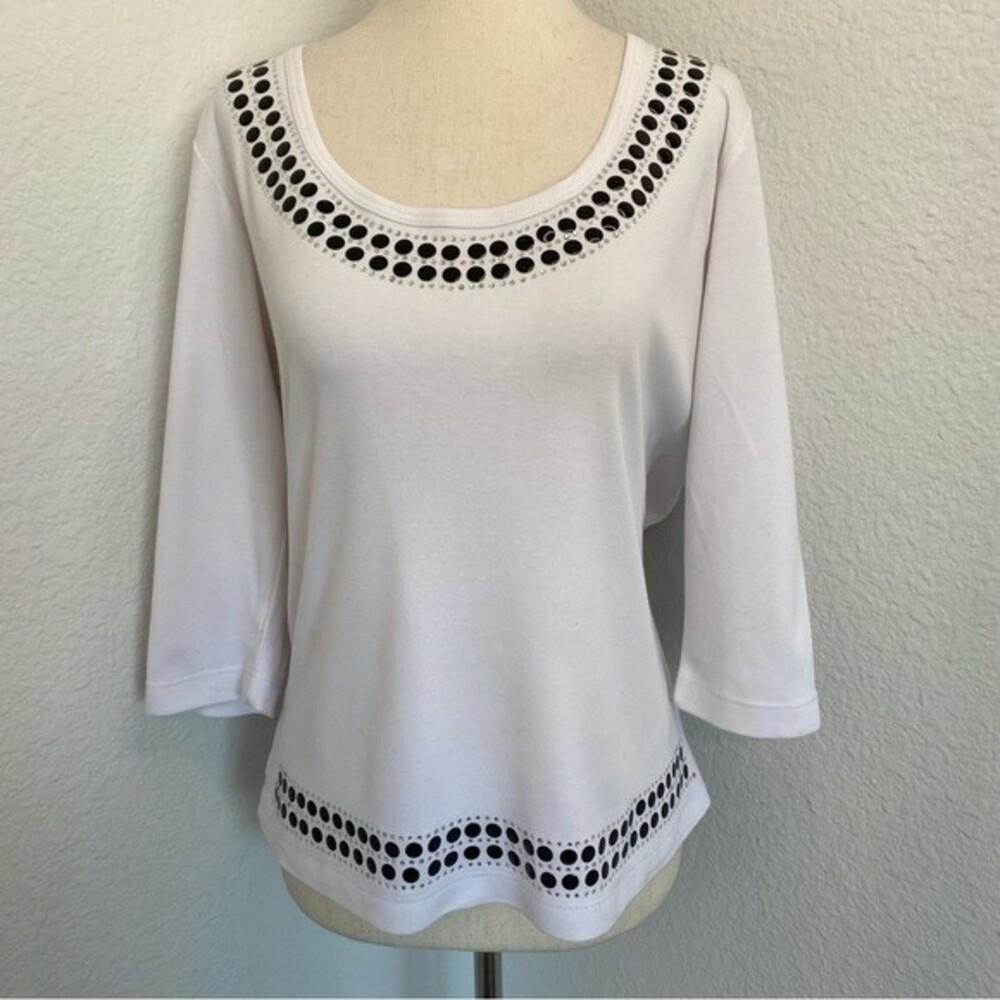 Vintage Lilly of CA White Black Bling Rhinestone Scoop Neck Made in USA Top M